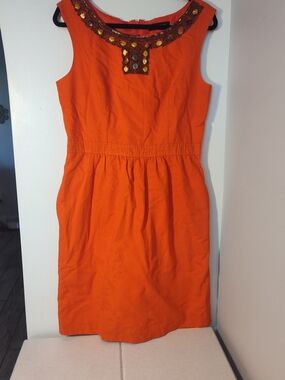 Ellen Tracy Orange Sleeveless Midi Dress with Beaded Neckline #249